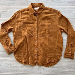 Urban Outfitters Womens Brown Distressed Frayed Button-Up Shirt Size Small‎